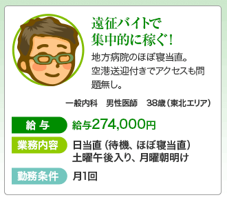 遠征バイトで集中的に稼ぐ！給与274,000円　日当直（待機、ほぼ寝当直）土曜午後入り、月曜朝明け　月１回