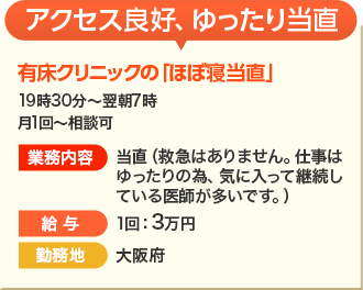 アクセス良好、ゆっくり当直 有床クリニックの「ほぼ寝当直」１回3万円